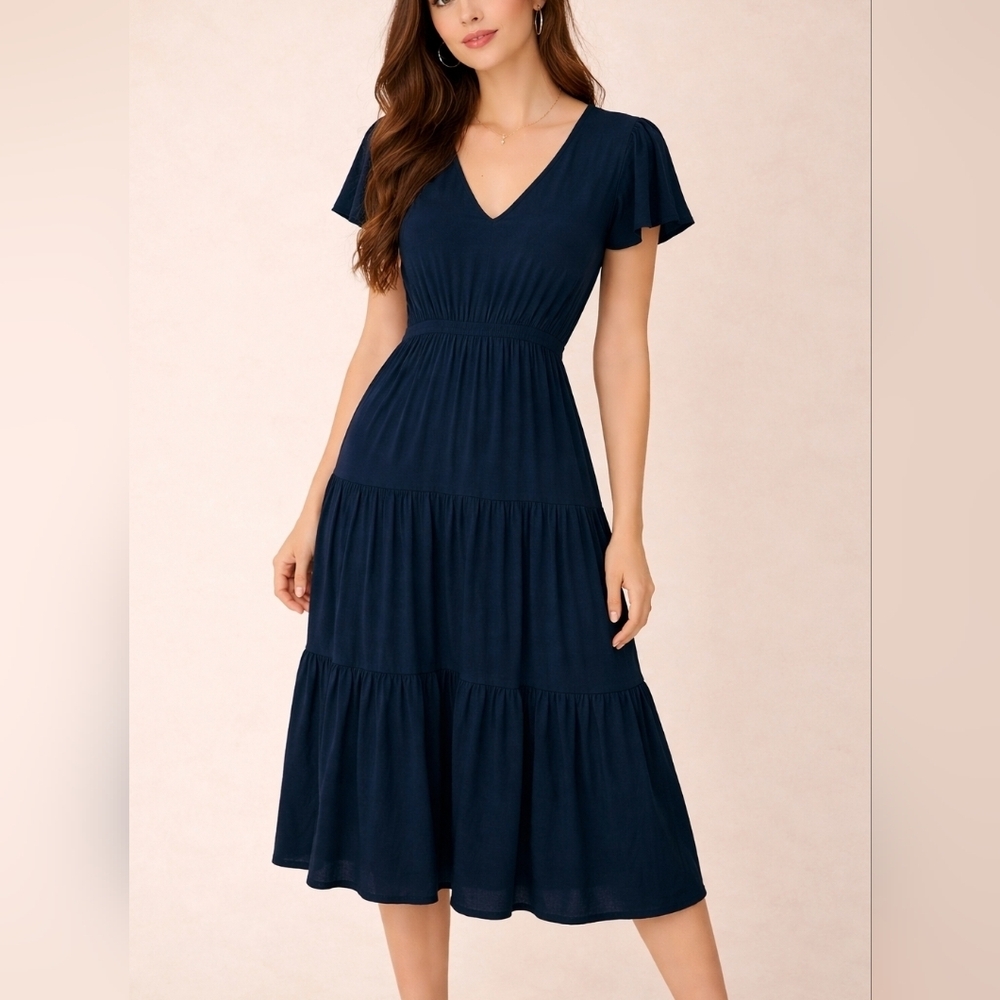 WISHLIST Solid Blue Flutter Sleeve V-neck Tiered Midi Prairie Dress
